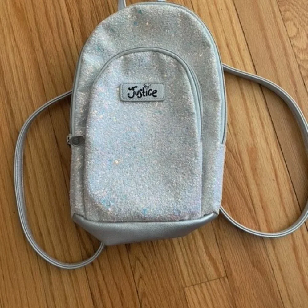 JUSTICE girls white sparkly backpack